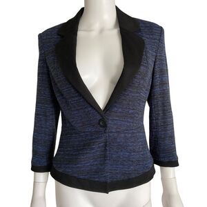 Halogen Womens Blue Black Long Sleeve Tweed Knit Blazer Jacket Size S Small